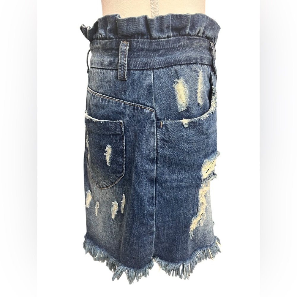 Hayden LA Paperbag Waist Distressed Denim Mini Skirt Size L Boho Festival - Picture 3 of 13